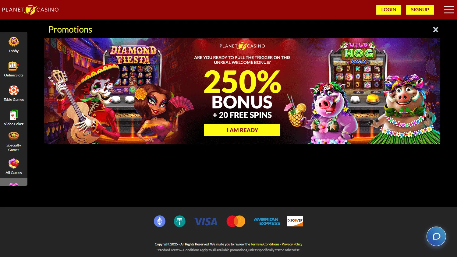 Planet 7 Oz Casino desktop promotions screen