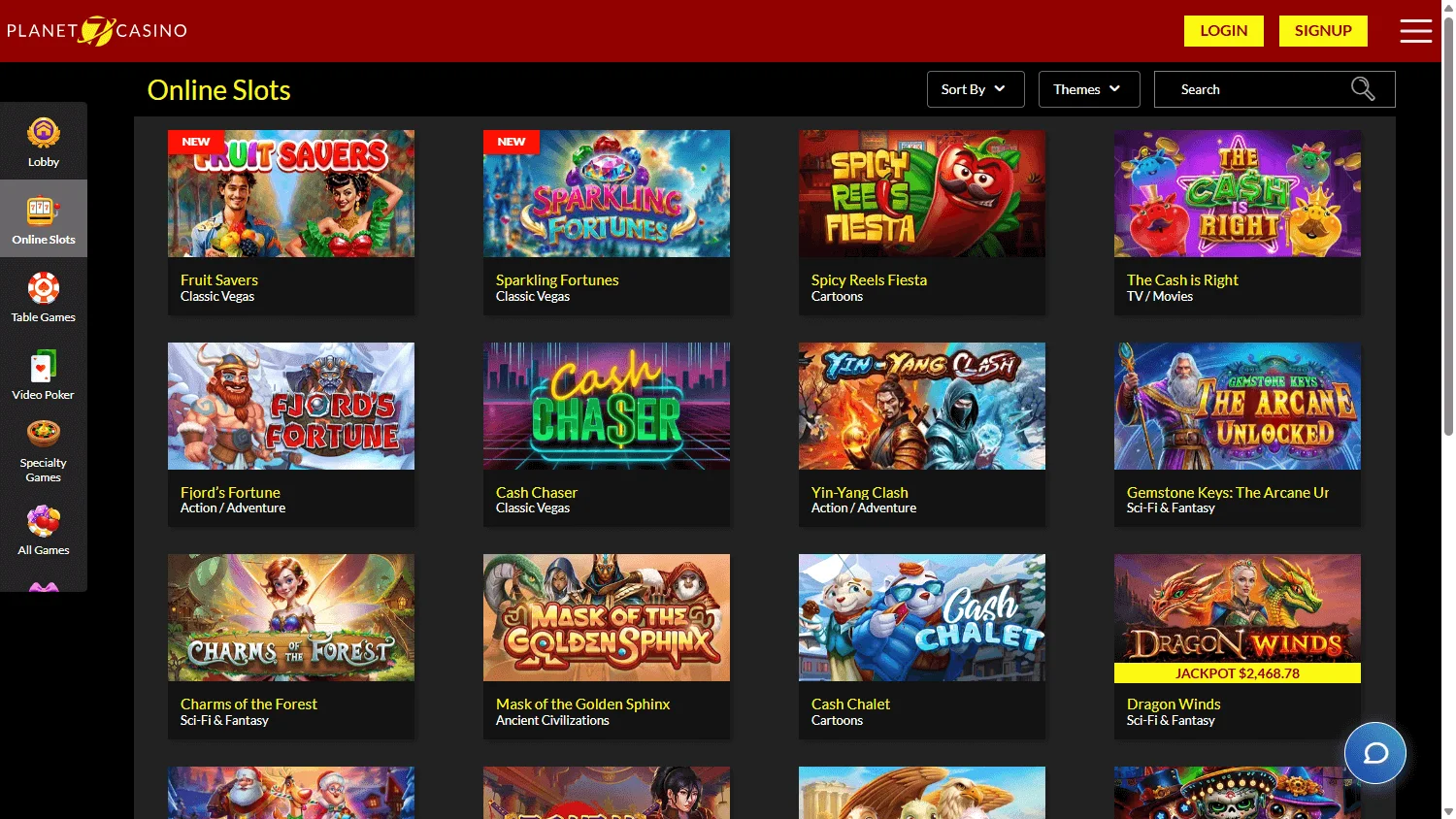 Planet 7 Oz Casino desktop games screen