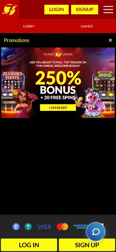 Planet 7 Oz Casino mobile promotions screen